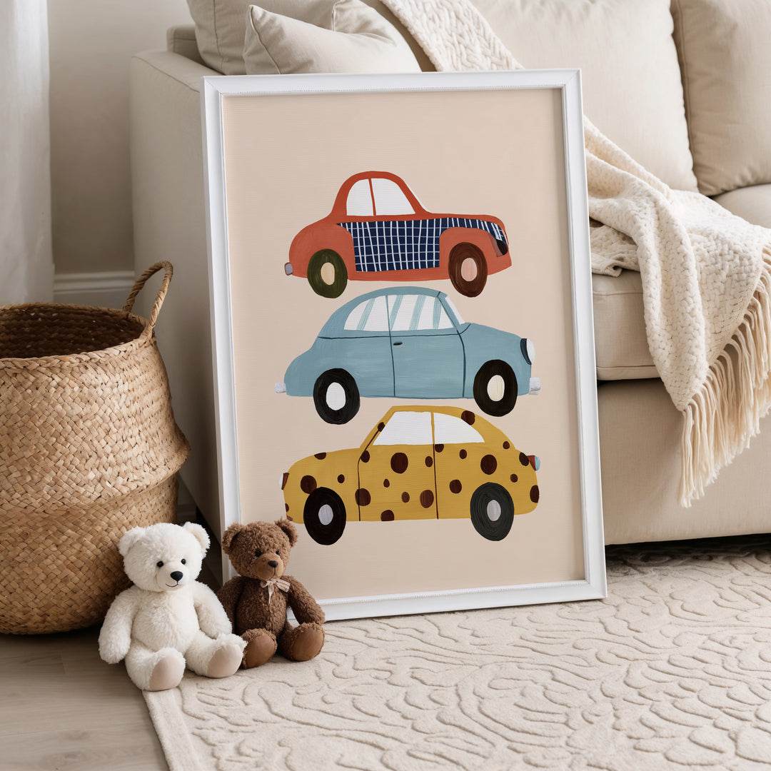 Stacked Cars Print | Colorful Vehicle Nursery Wall Art for Boys
