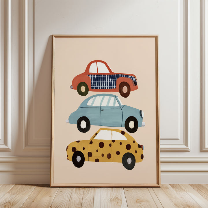 Stacked Cars Print | Colorful Vehicle Nursery Wall Art for Boys