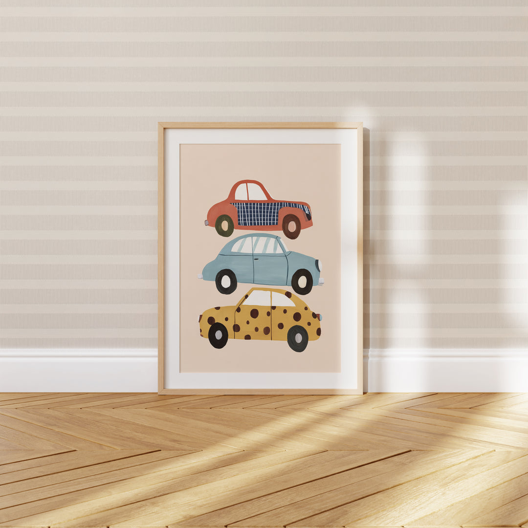 Stacked Cars Print | Colorful Vehicle Nursery Wall Art for Boys