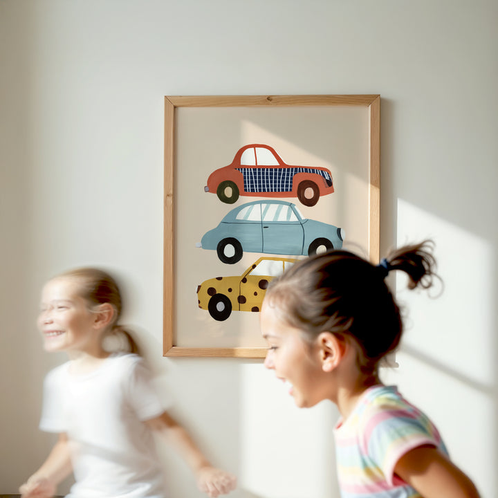 Stacked Cars Print | Colorful Vehicle Nursery Wall Art for Boys