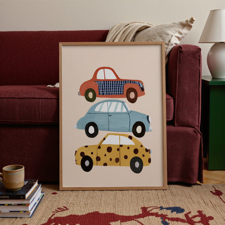 Stacked Cars Print | Colorful Vehicle Nursery Wall Art for Boys