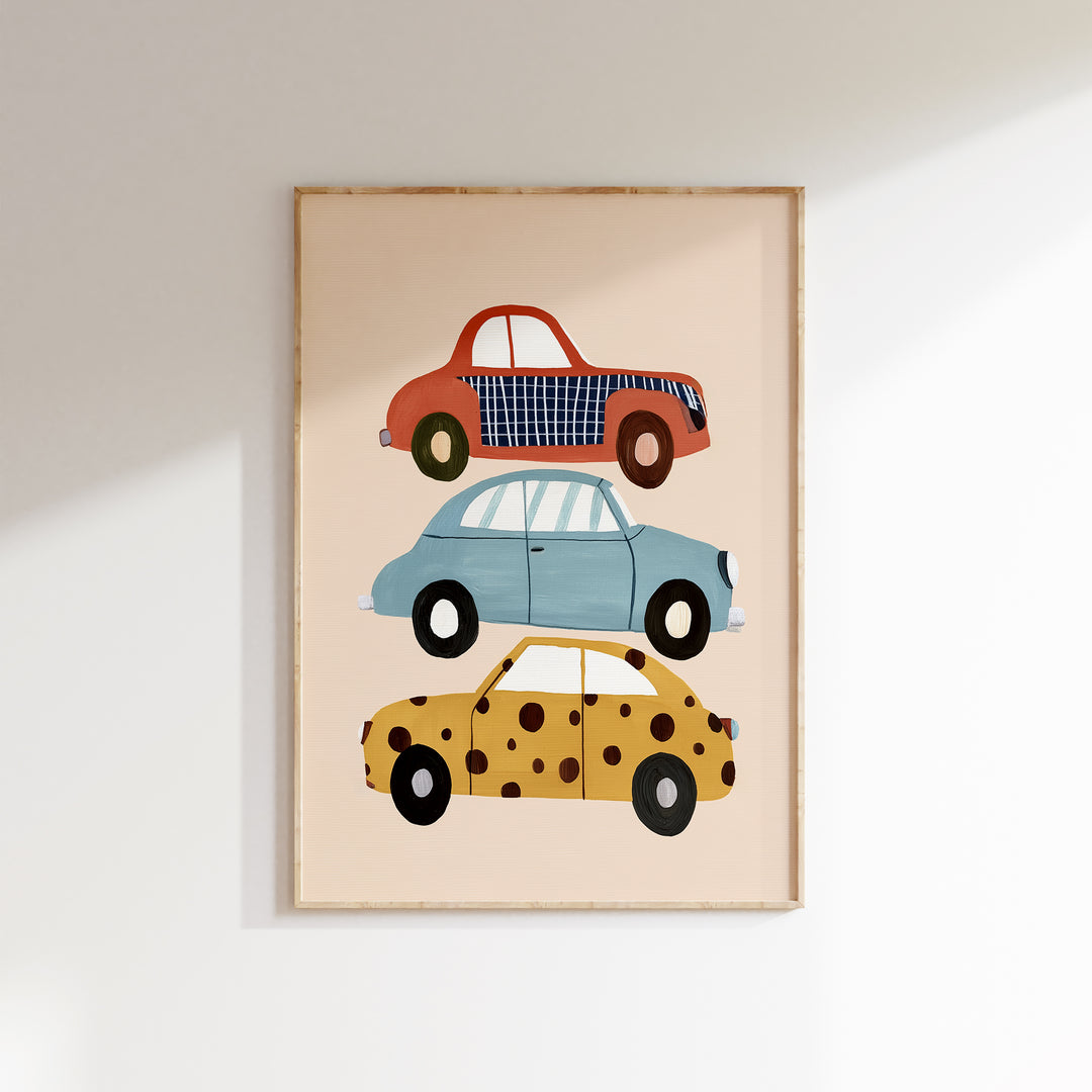 Stacked Cars Print | Colorful Vehicle Nursery Wall Art for Boys