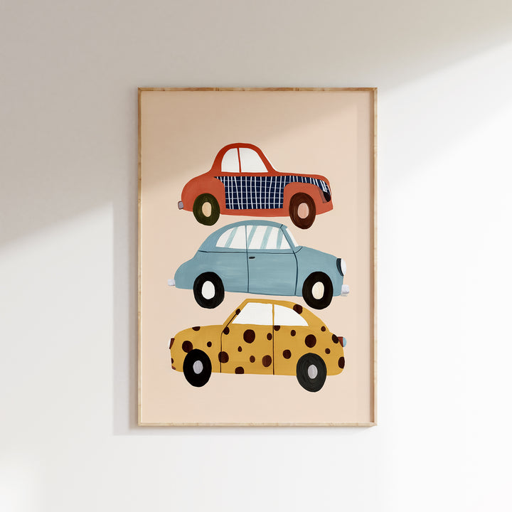Stacked Cars Print | Colorful Vehicle Nursery Wall Art for Boys
