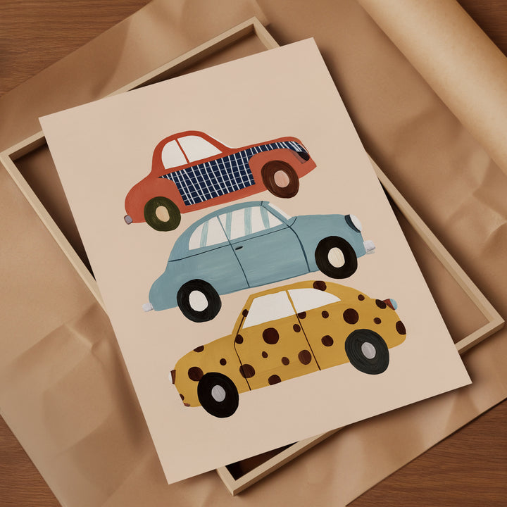 Stacked Cars Print | Colorful Vehicle Nursery Wall Art for Boys