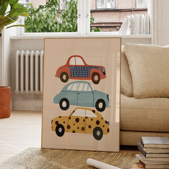 Stacked Cars Print | Colorful Vehicle Nursery Wall Art for Boys