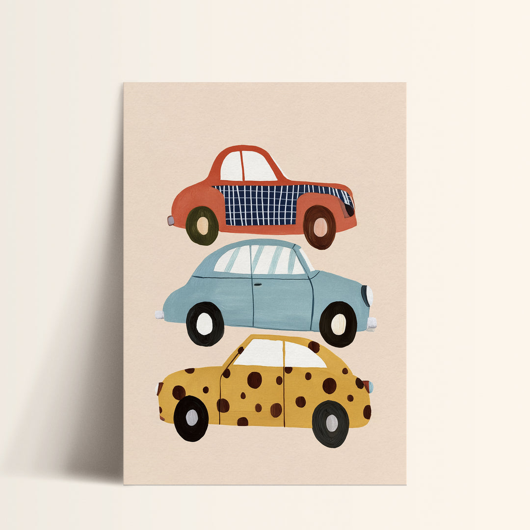 Stacked Cars Print | Colorful Vehicle Nursery Wall Art for Boys