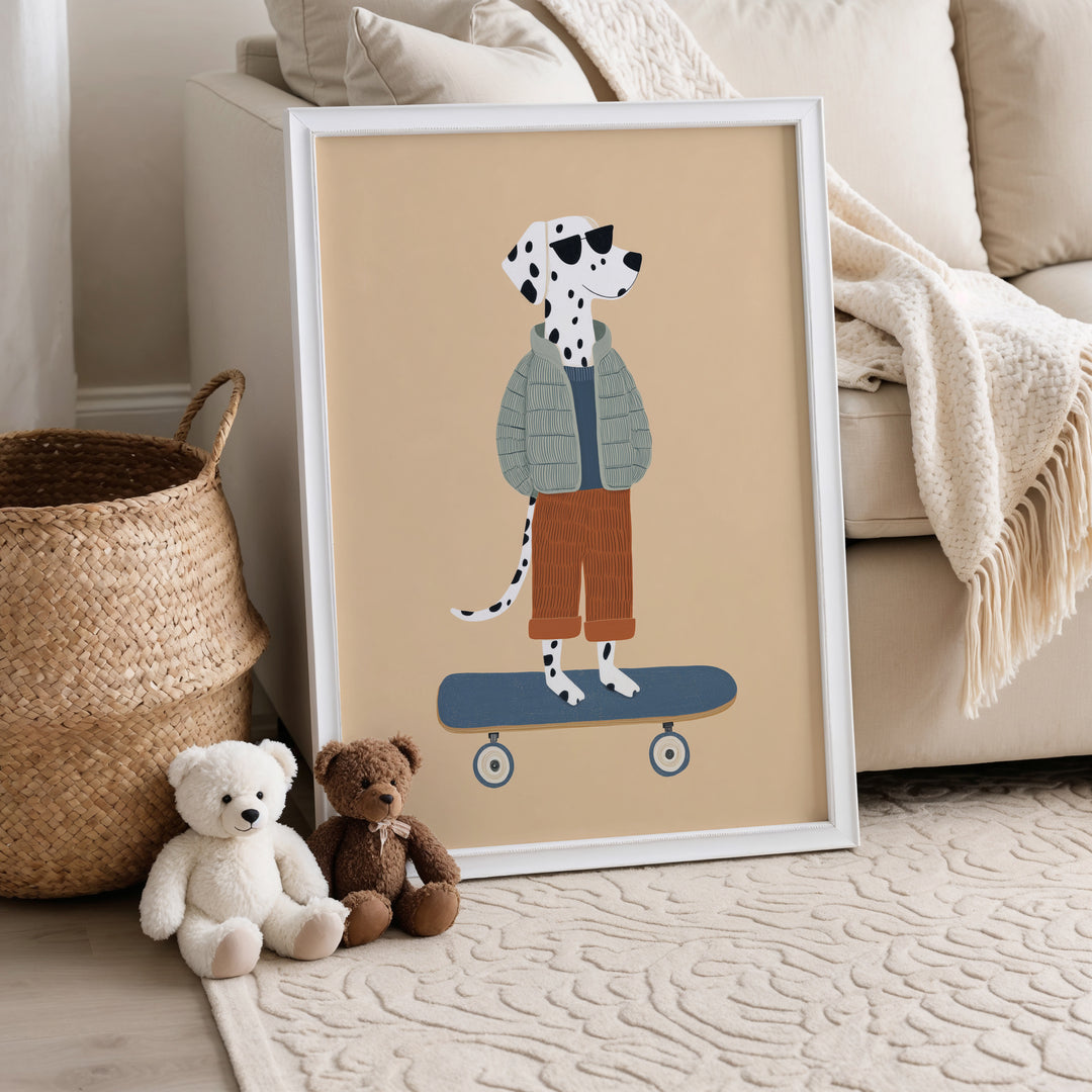 Dalmatian on Skateboard Print | Cool Dog Nursery Wall Art