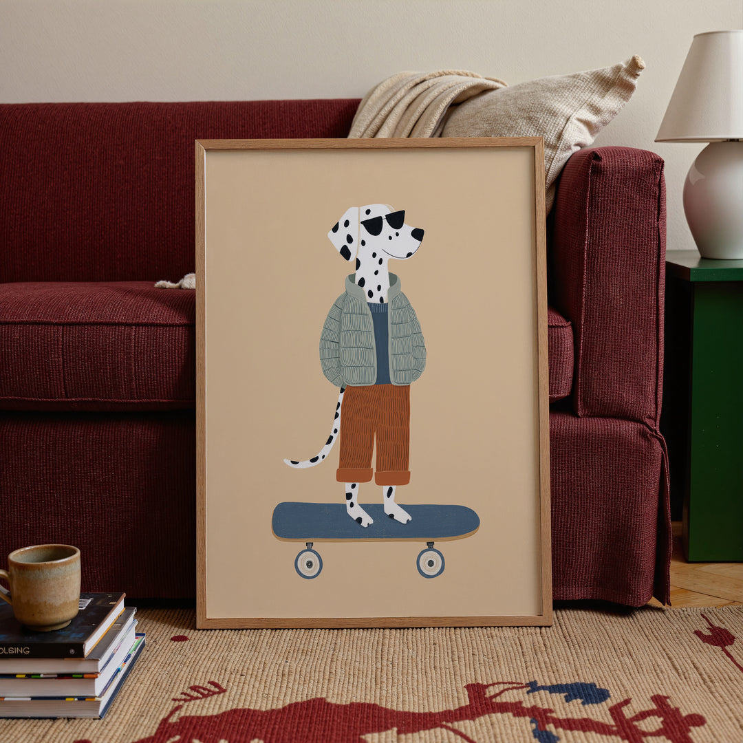 Dalmatian on Skateboard Print | Cool Dog Nursery Wall Art