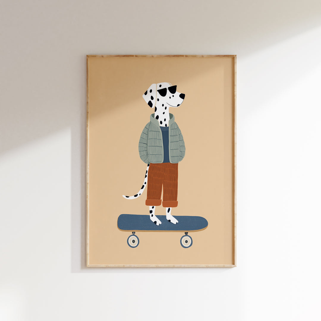 Dalmatian on Skateboard Print | Cool Dog Nursery Wall Art