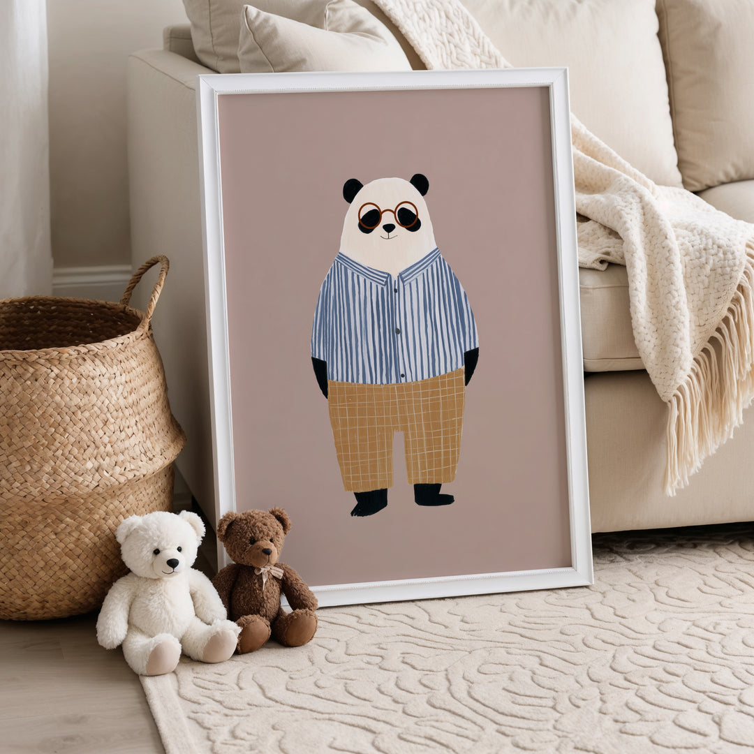 Panda in Stripes Print | Cute Animal Nursery Wall Art for Kids