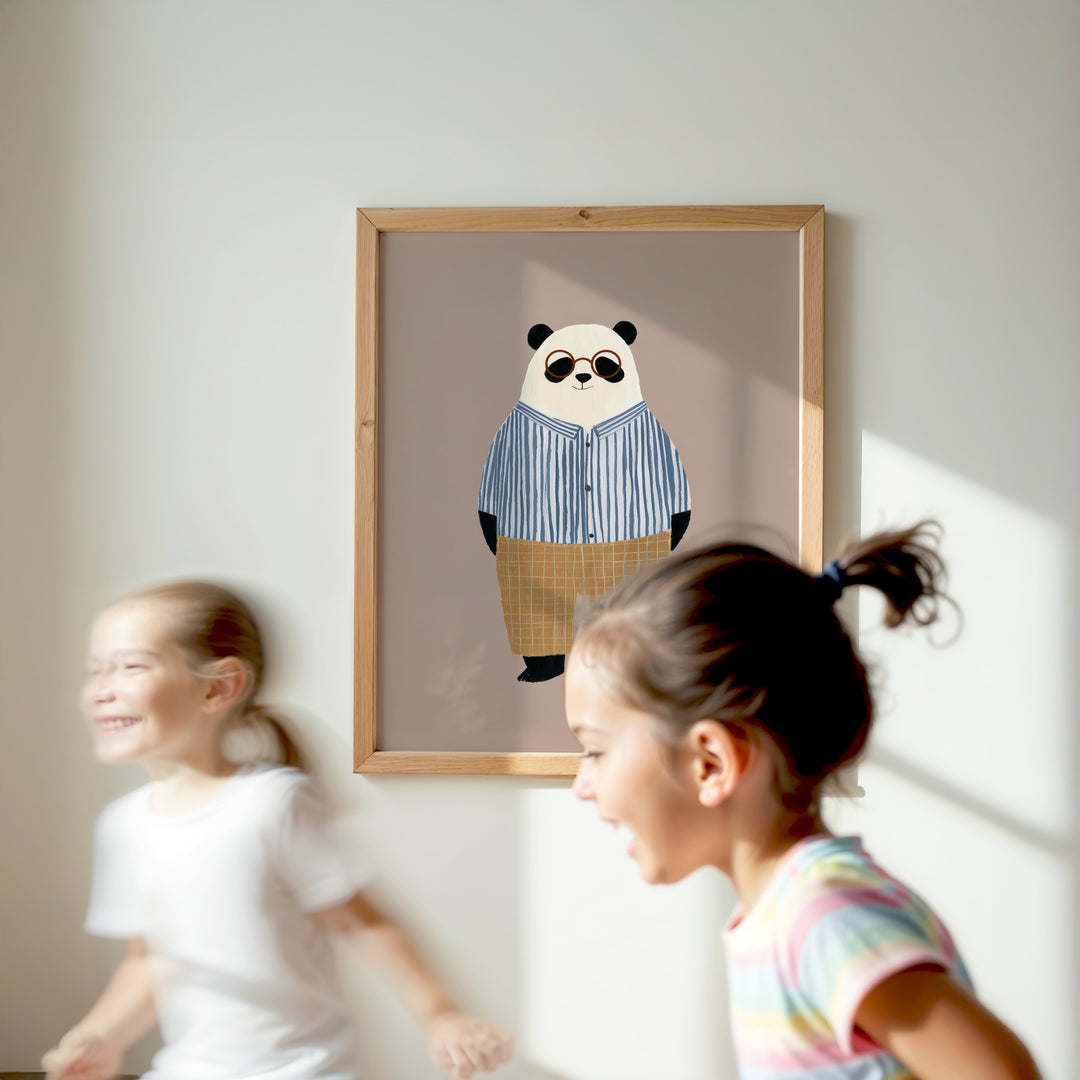 Panda in Stripes Print | Cute Animal Nursery Wall Art for Kids