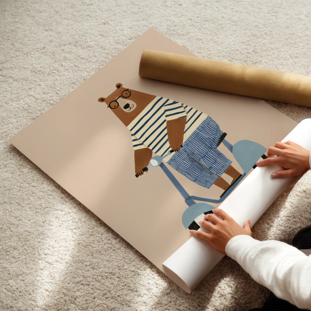 Bear on Scooter Print | Playful Animal Nursery Wall Art