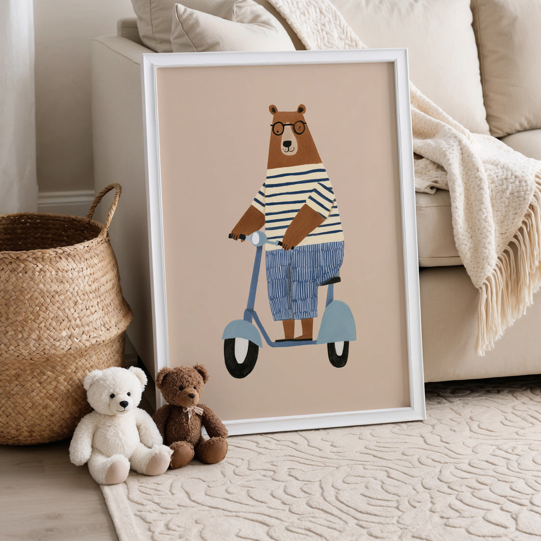 Bear on Scooter Print | Playful Animal Nursery Wall Art