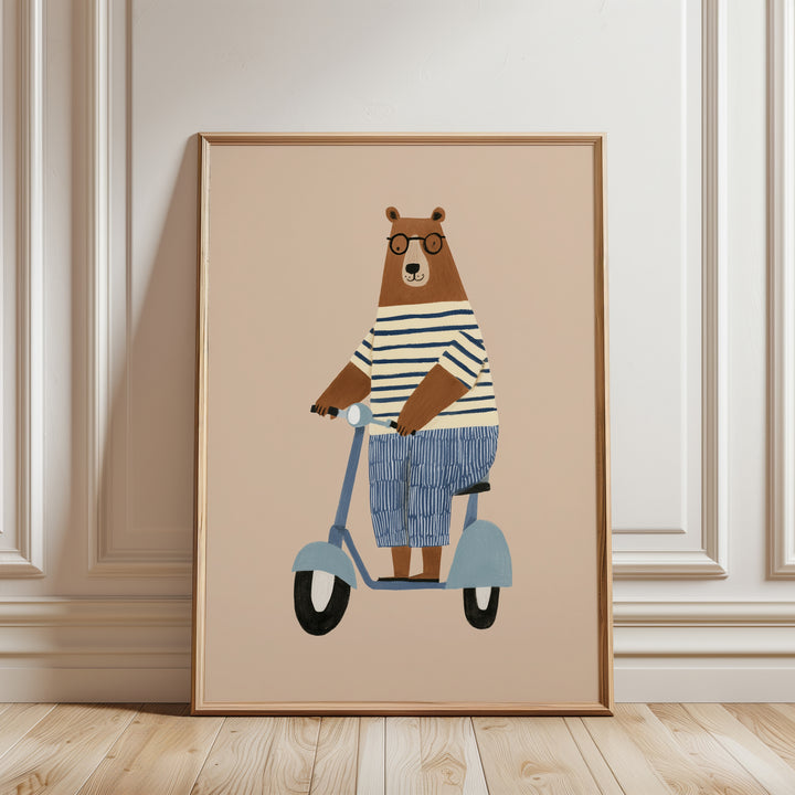 Bear on Scooter Print | Playful Animal Nursery Wall Art