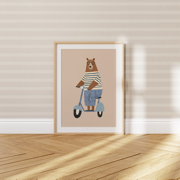 Bear on Scooter Print | Playful Animal Nursery Wall Art