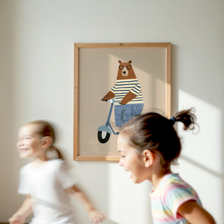 Bear on Scooter Print | Playful Animal Nursery Wall Art