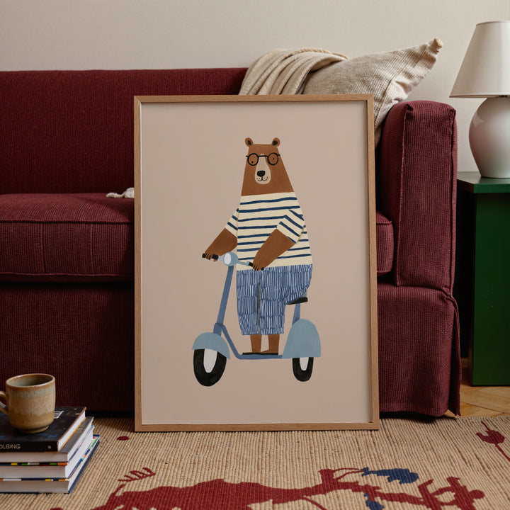 Bear on Scooter Print | Playful Animal Nursery Wall Art