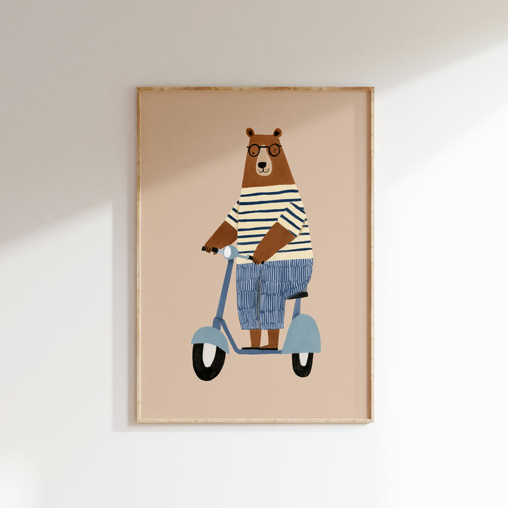 Bear on Scooter Print | Playful Animal Nursery Wall Art