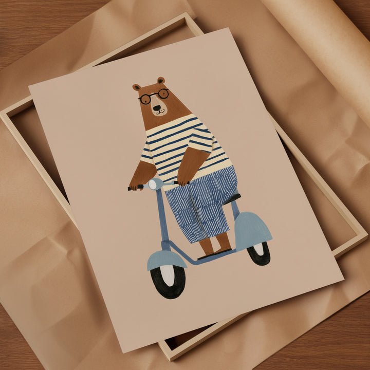 Bear on Scooter Print | Playful Animal Nursery Wall Art