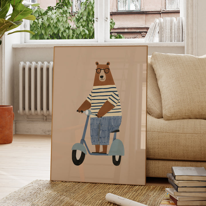 Bear on Scooter Print | Playful Animal Nursery Wall Art