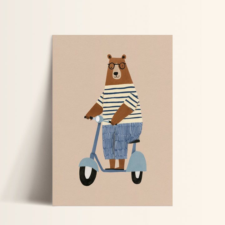 Bear on Scooter Print | Playful Animal Nursery Wall Art