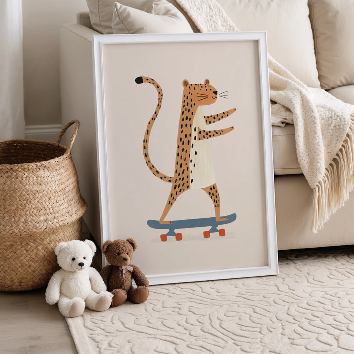 Cheetah on Skateboard Print | Cool Safari Animal Nursery Art