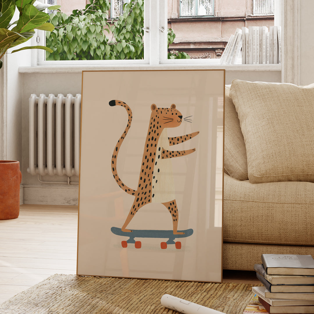 Cheetah on Skateboard Print | Cool Safari Animal Nursery Art