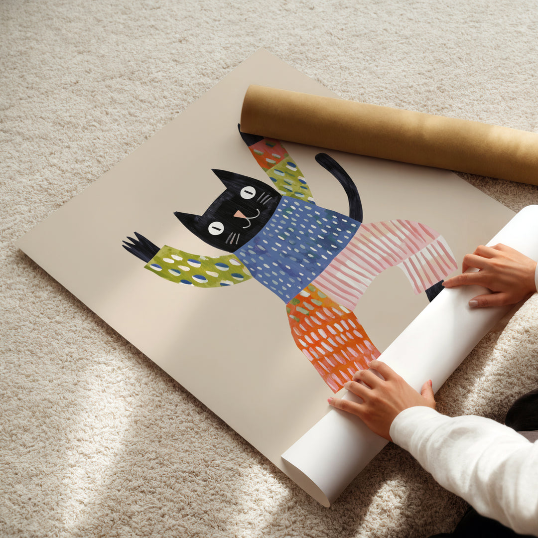 Happy Black Cat Print | Playful Pet Nursery Wall Art for Kids
