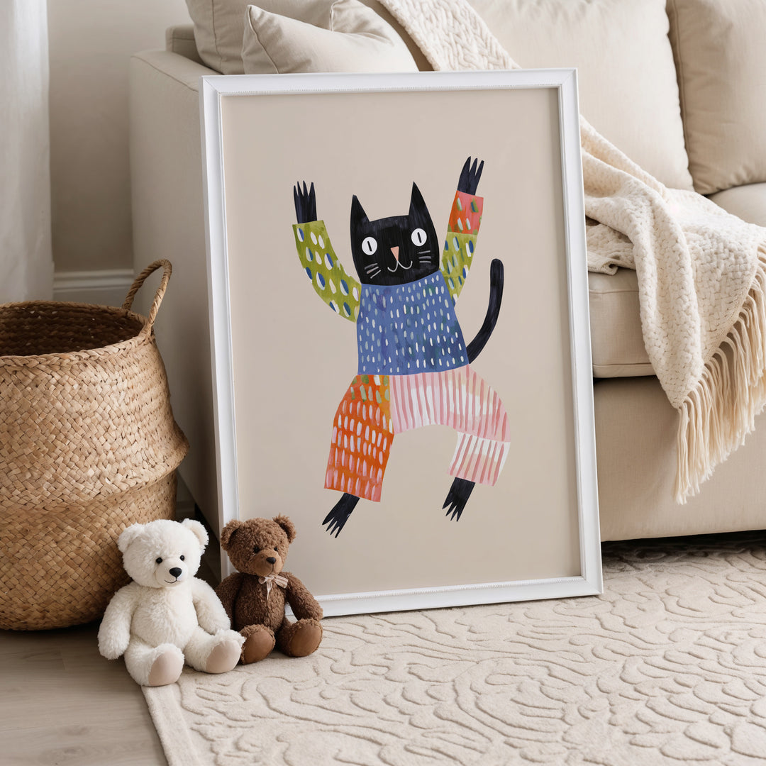 Happy Black Cat Print | Playful Pet Nursery Wall Art for Kids