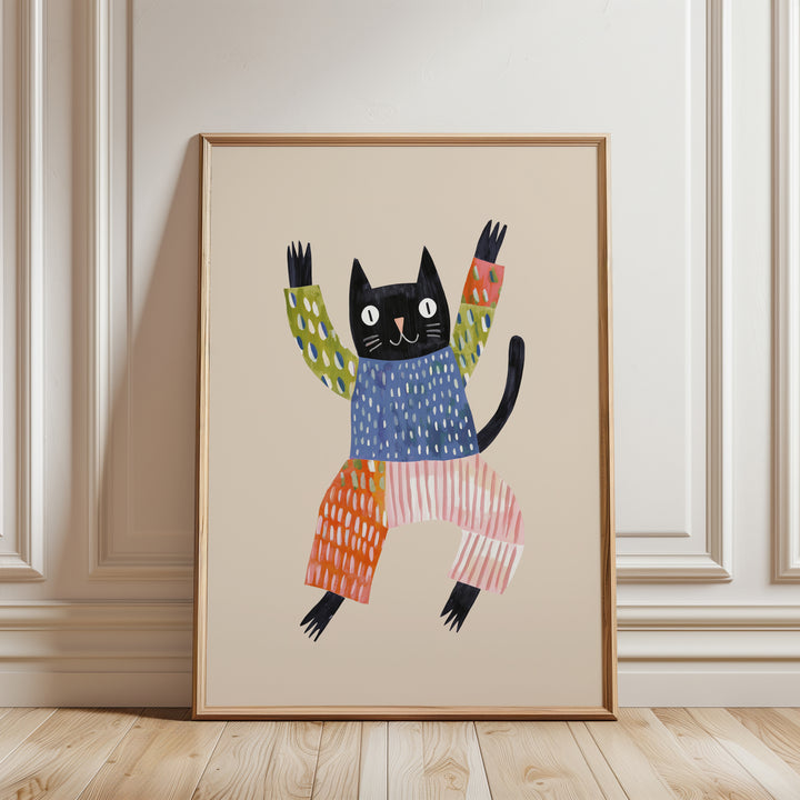 Happy Black Cat Print | Playful Pet Nursery Wall Art for Kids