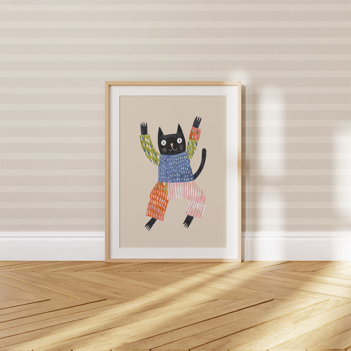 Happy Black Cat Print | Playful Pet Nursery Wall Art for Kids