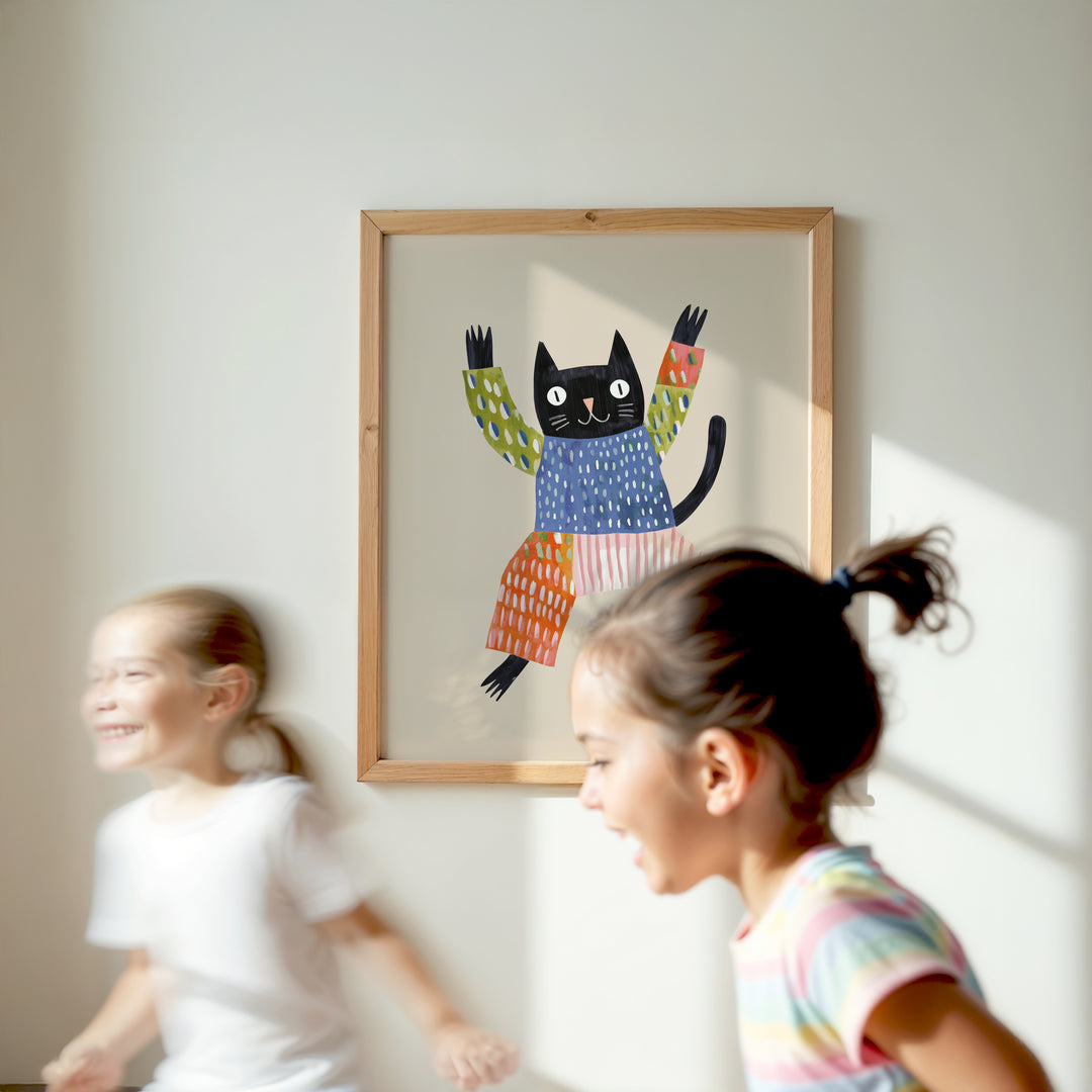 Happy Black Cat Print | Playful Pet Nursery Wall Art for Kids