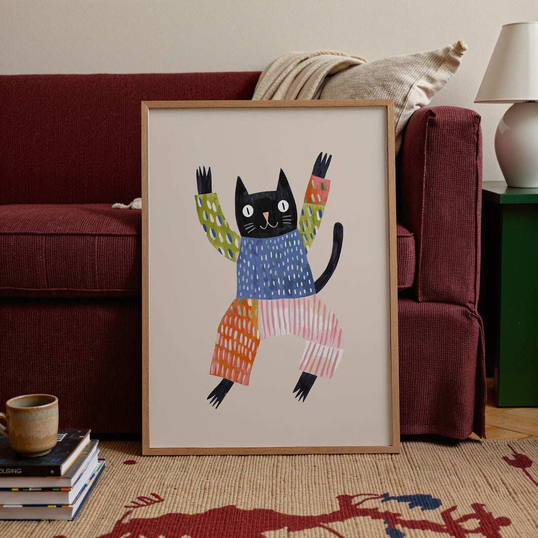 Happy Black Cat Print | Playful Pet Nursery Wall Art for Kids