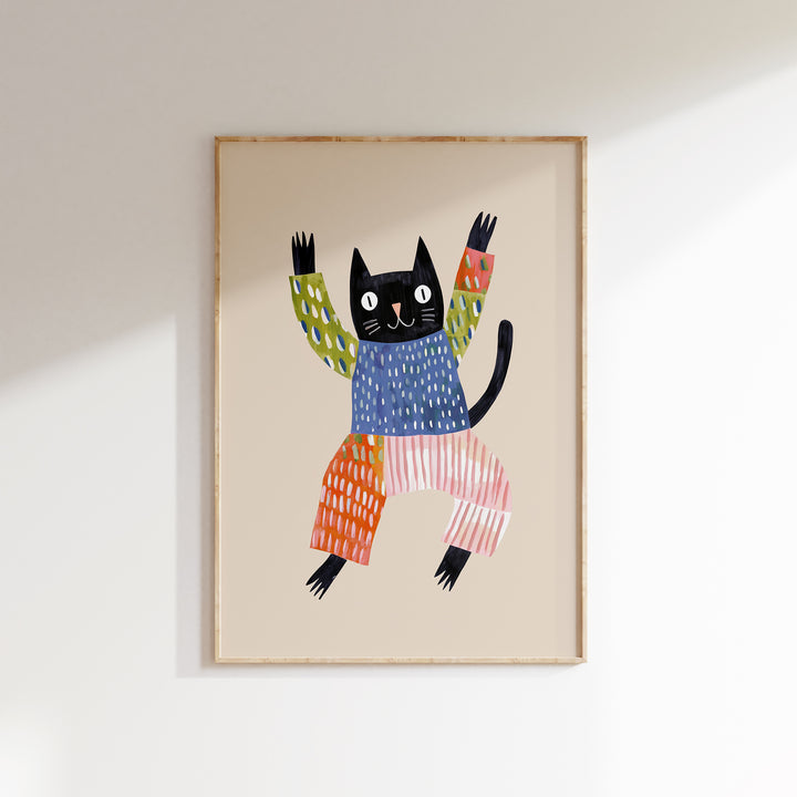 Happy Black Cat Print | Playful Pet Nursery Wall Art for Kids
