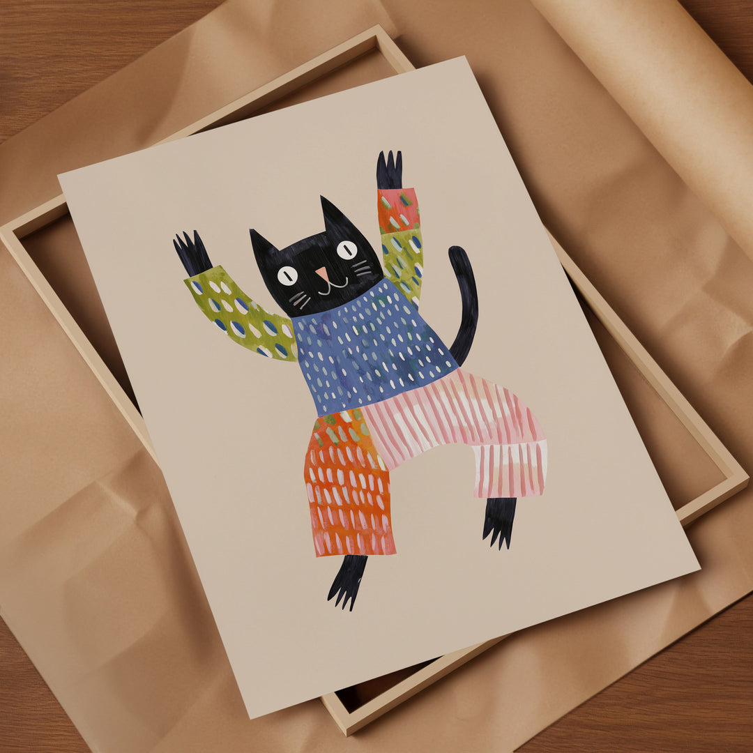 Happy Black Cat Print | Playful Pet Nursery Wall Art for Kids