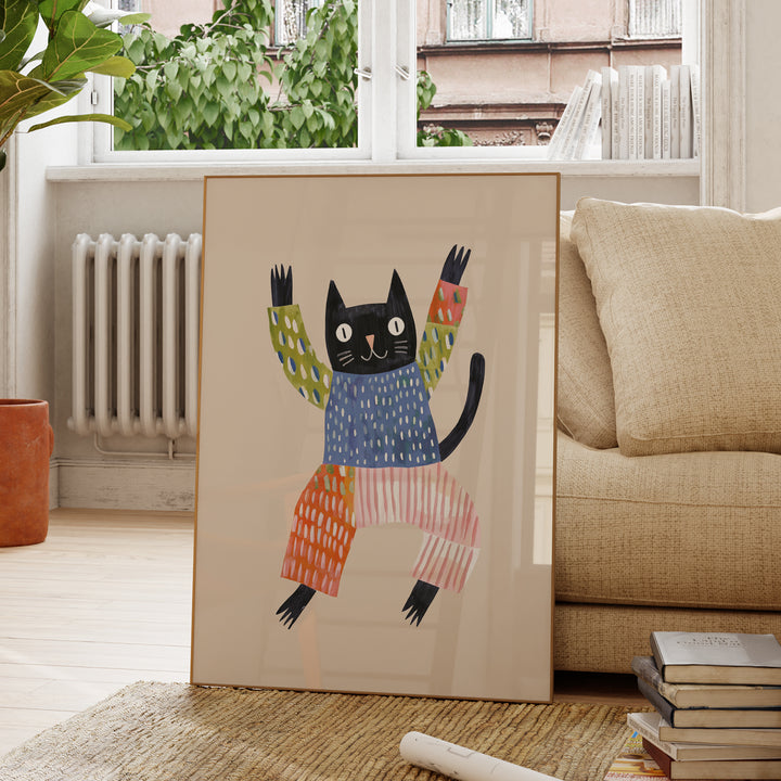 Happy Black Cat Print | Playful Pet Nursery Wall Art for Kids