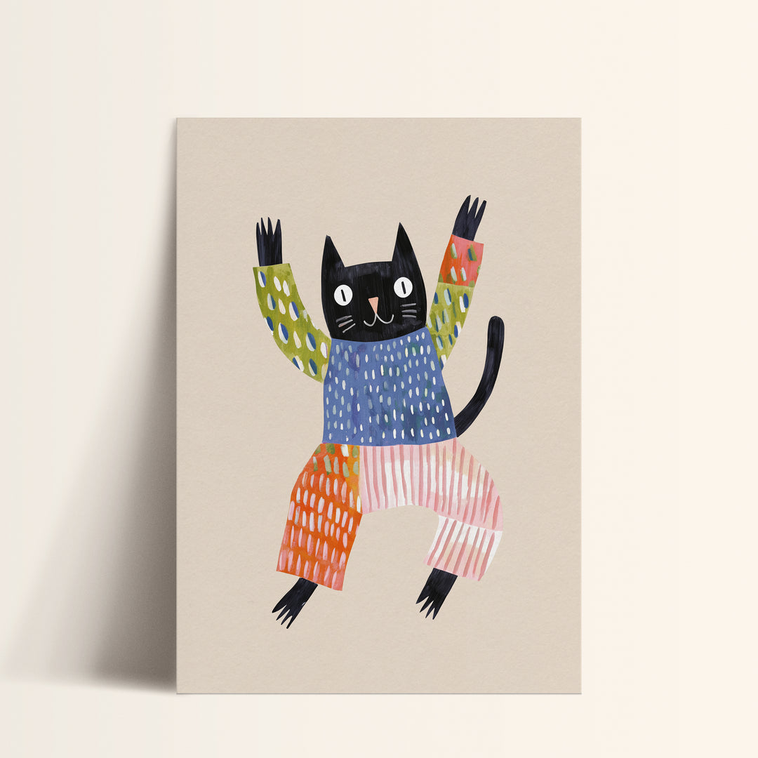 Happy Black Cat Print | Playful Pet Nursery Wall Art for Kids