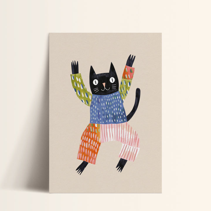 Happy Black Cat Print | Playful Pet Nursery Wall Art for Kids
