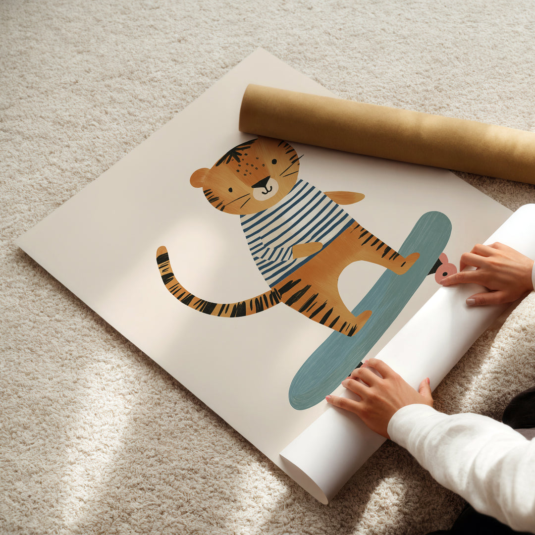 Tiger on Skateboard Print | Cool Safari Nursery Wall Art