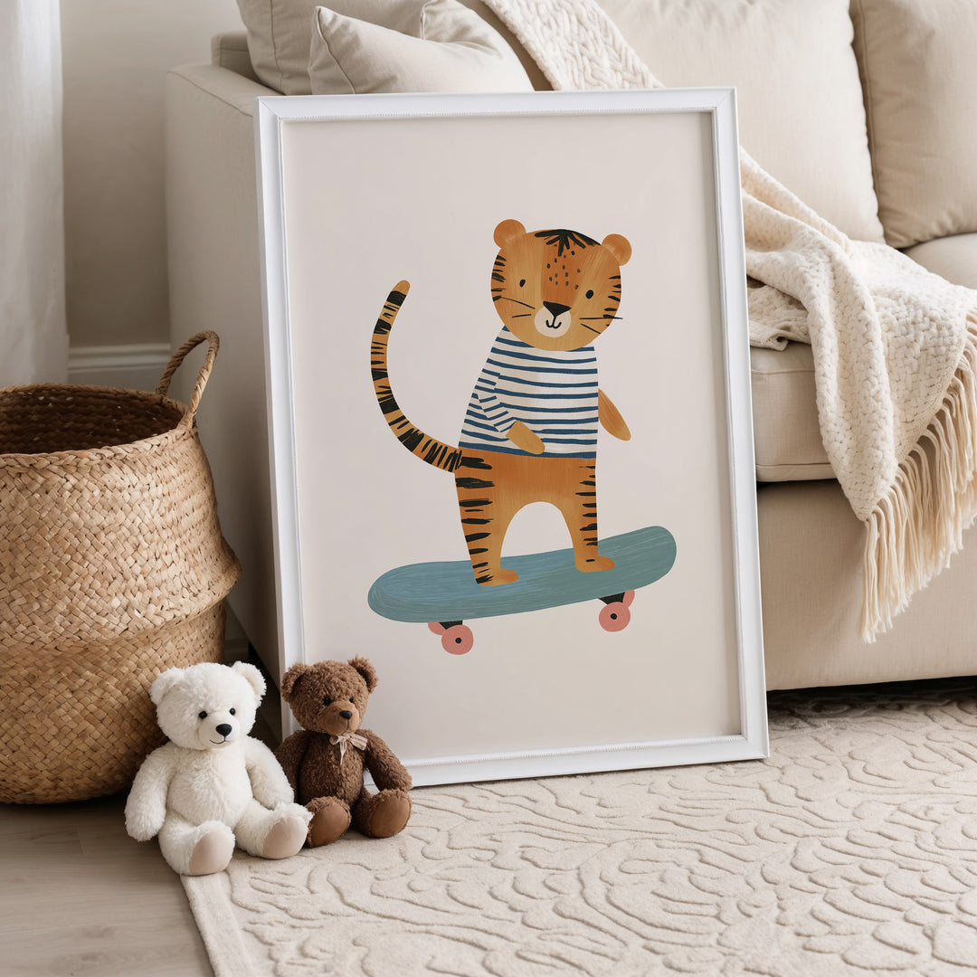 Tiger on Skateboard Print | Cool Safari Nursery Wall Art