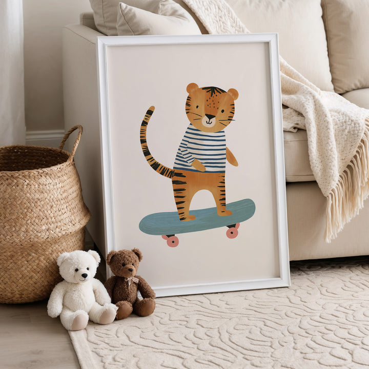 Tiger on Skateboard Print | Cool Safari Nursery Wall Art