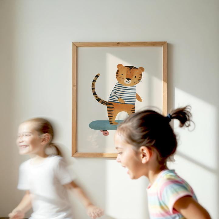 Tiger on Skateboard Print | Cool Safari Nursery Wall Art