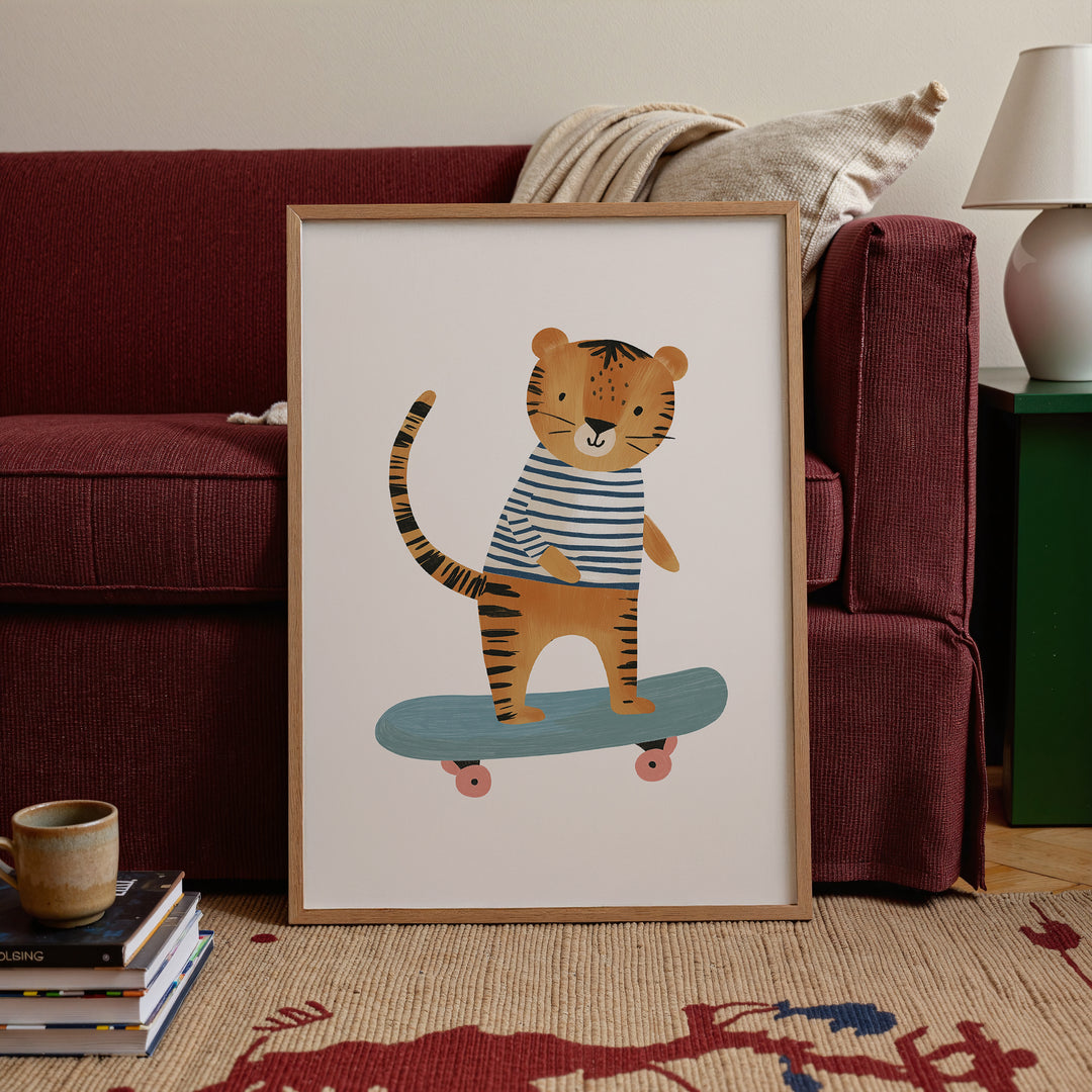 Tiger on Skateboard Print | Cool Safari Nursery Wall Art