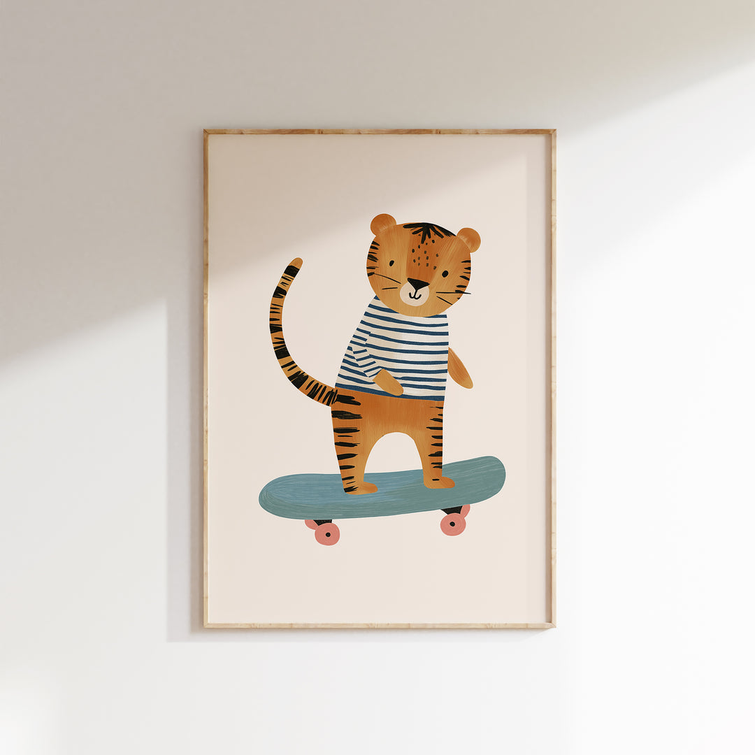 Tiger on Skateboard Print | Cool Safari Nursery Wall Art