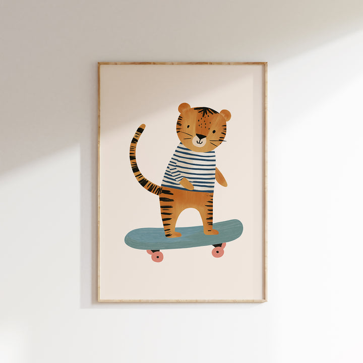 Tiger on Skateboard Print | Cool Safari Nursery Wall Art