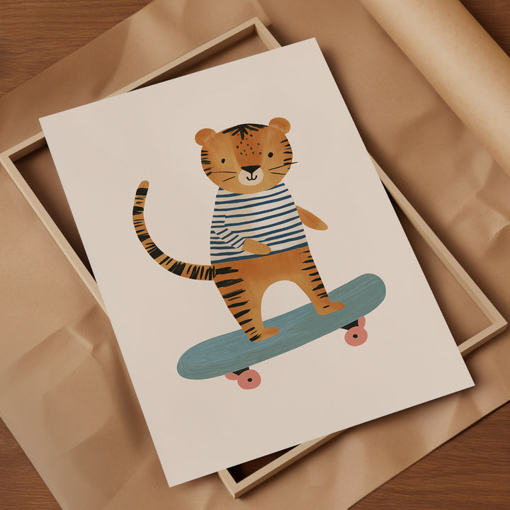 Tiger on Skateboard Print | Cool Safari Nursery Wall Art