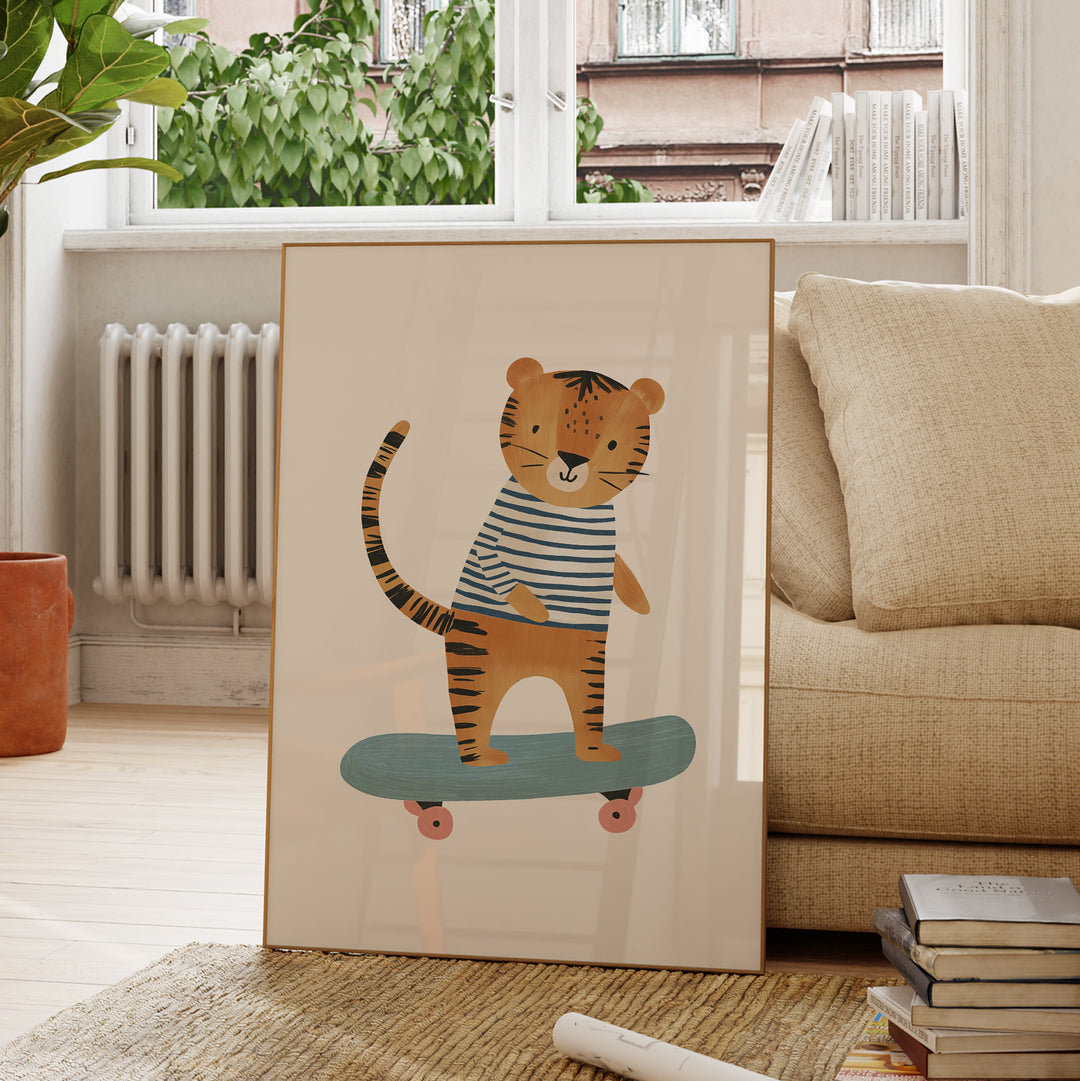 Tiger on Skateboard Print | Cool Safari Nursery Wall Art