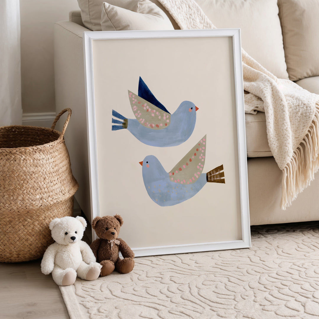 Blue Flying Birds Print | Peaceful Nursery Wall Art for Kids