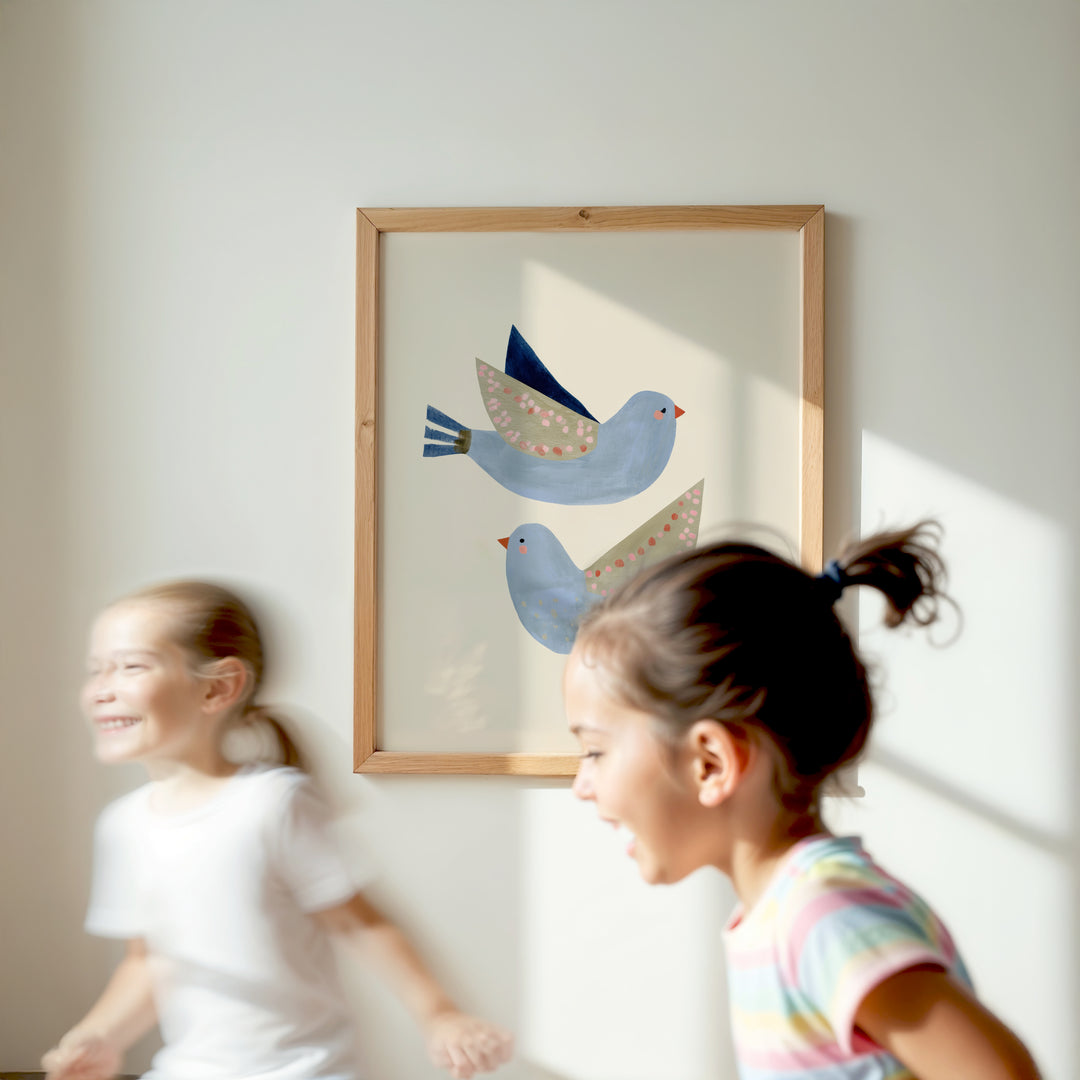 Blue Flying Birds Print | Peaceful Nursery Wall Art for Kids