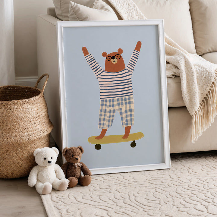 Skateboarding Bear Print | Cool Animal Nursery Wall Art for Kids